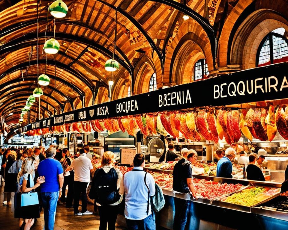 Proef de lokale gerechten op de Boqueria-markt in Barcelona, Spanje