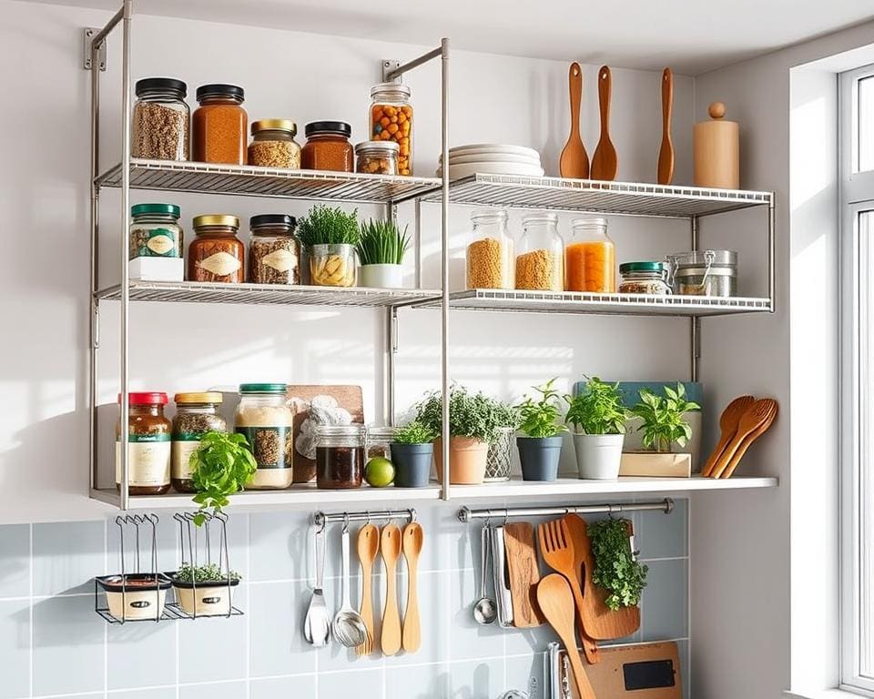 Hangende opbergrekken voor een georganiseerde keuken