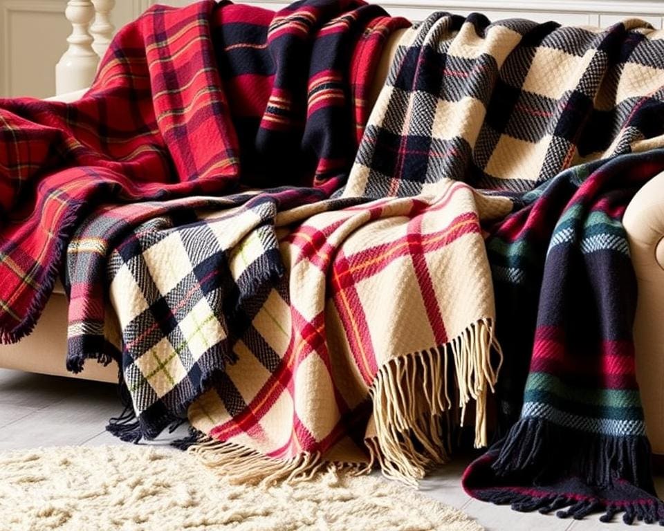 Luxe plaiddekens in verschillende ontwerpen en kleuren.