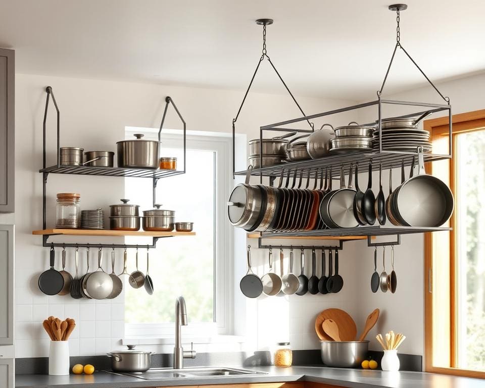 hangende opbergrekken voor een georganiseerde keuken
